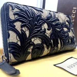 極美品/付属品完備/入手困難●GUCCI グッチ メンズ 長財布 ラウンドファスナー アラベスク 黒 ブラック GGスプリーム レザー 本革 ビジネス