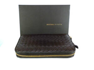 美品★BOTTEGA VENETA★ボッテガヴェネタ★イントレチャート★ラウンドファスナー長財布★ダークブラウン★箱付き