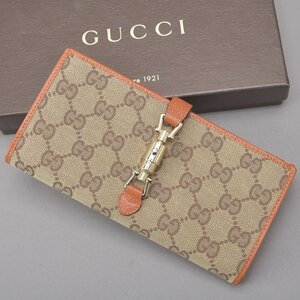 1円 極美品 GUCCI グッチ ニュージャッキー 二つ折り長財布 GGキャンバス レザー ベージュ オレンジ 141430 箱付き ウォレット Mb.k