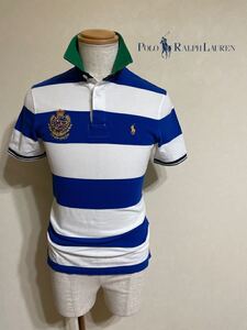 【美品】 Polo Ralph Lauren ポロ ラルフローレン ボーダー 鹿の子 ポロシャツ トップス サイズXS カスタムフィット 半袖 青白