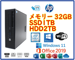 ★送料無料★スリムPC★超高速 i7(4.0GHz)/大容量SSD1TB+HDD2TB/メモリ32GB/Wi-Fi/Win11/Office2019/USB3.0/HP EliteDesk 600 G1
