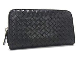 1円 ■美品■ BOTTEGA VENETA ボッテガヴェネタ イントレチャート レザー ラウンドファスナー 長財布 ウォレット ブラック系 FI4957