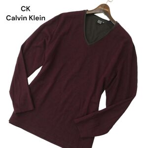 CK Calvin Klein カルバンクライン ウール レイヤード風 長袖 Vネック リブ カットソー Tシャツ Sz.3L　メンズ 大きいサイズ　A4T07597_6#K