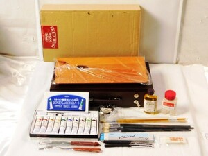 m359★未使用/holbein/SKETCHING BOX/油絵の具セット★道具/筆4/6/8/10/12★ペンチングオイル/他/１6点セット/ケース付★送料730円〜