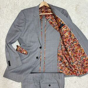 未使用級!!XL相当/ Paul Smith×REDA フラワー 花柄 セットアップ スーツ ジャケット ウインドウペン チェック グレー super130