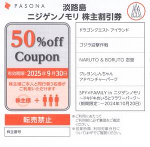 ★淡路島西海岸アトラクション　50%OFFクーポン×1枚★パソナグループ株主優待★2025/9/30まで★即決