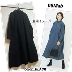 ★08Mab★スタンドカラーたっぷりギャザーワンピ★BLACK★