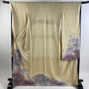 振袖 身丈170cm 裄丈68cm L 袷 花籠 雲文 ぼかし クリーム 正絹 美品 名品 【中古】