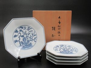 D0225 宮永東山 青華 松竹梅文 八角 焼物皿 5客 共箱