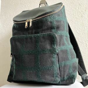 【唯一無二 美品】Paul Smith ポールスミス リュック バッグパック チェック ロゴ ビジネス レザー 本革 メンズ グリーン 近年モデル