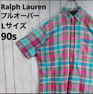 90s Polo Ralph Lauren ラルフローレン プルオーバーシャツ ハーフボタン 半袖シャツ ボタン チェックシャツ ポロ ボタンシャツ 送料無料