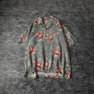 S196 90s Batik Bay 和 Flower Pattern SILK Short Sleeve Shirt XL 和柄 花柄 シルク 絣調 ルーズ 半袖シャツ 柄シャツ アロハ XL