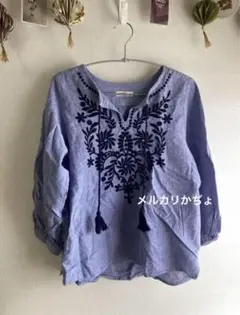 二度着用* and myera コットンリネン花刺繍ブラウス S 綿麻