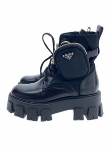 PRADA◆モノリスブラッシュドロイスレザーナイロンブーツ/レースアップブーツ/36.5/BLK/レザー/1T255M//