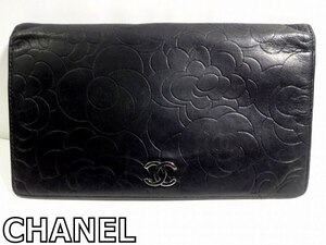 X4K092◆本物◆ シャネル CHANEL フランス製 ラムレザー ブラック カメリア 二つ折り 小銭入れ付き 長財布