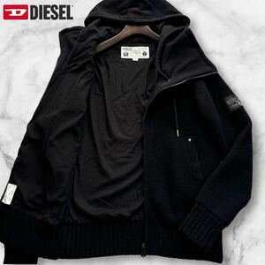 極美品/L相当◎ディーゼル ニット ジップアップ パーカー DIESEL フーデットジャケット ブルゾン 切替 レザーパッチ 肉厚◎ ブラック 黒