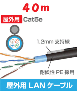 ◆即決　屋外用 LANケーブル 支持線 ＋コネクタ付 ４０ｍ 