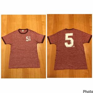 良品☆Champion／チャンピオン　M大き目..実寸L並 レーヨン混.半袖希少リンガーTシャツ 超霜降り&両面ステンシル風プリントBIGナンバリング