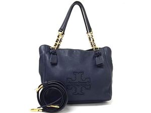 1円 ■美品■ TORY BURCH トリーバーチ レザー 2WAY ハンドバッグ トート ショルダー クロスボディ 斜め掛け ネイビー系 BJ6013