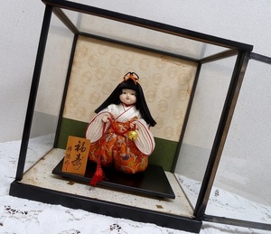 (☆BM)福寿/峰徳 作 日本人形 愛らしいお顔♪ガラスケース入り 女の子 童 置物 オブジェ 横幅43×高さ41㎝ レトロ ドール 