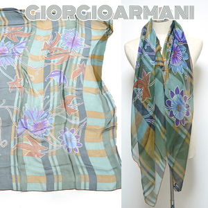 GIORGIOARMANI■ロゴ入り花柄×チェック柄シルク大判ショールスカーフ　ストール　ジョルジオアルマーニ 