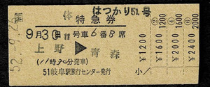 国鉄　東北本線　特急　国体はつかり51号　特急券　上野から青森　岐阜駅旅セ発行　昭和52年