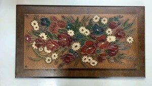 ３F1029→壁掛　中古　銅板画木製枠 壁掛け絵　花柄　手つくり　HAND MADE　