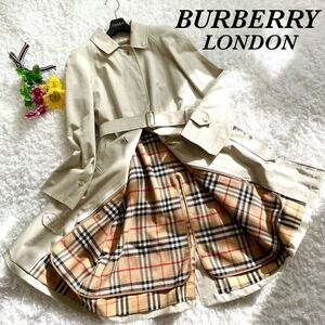 未使用級☆BURBERRY LONDONバーバリー ステンカラーコート ロングコート ウール ライナー付き ノバチェック ベルトS クリーム 