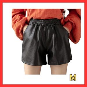 ショートパンツ レディース レザー 秋冬 ワイド 短パン 無地 M　ブラック