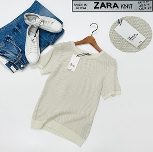 /M/ ZARA ホワイト系 半袖ニット レディース タグ カジュアル トップス 通勤 フェミニン 大人可愛い デイリー ナイロン ザラ