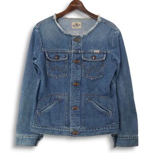 Wrangler ラングラー 通年★ ノーカラー デニム ジャケット Gジャン フリンジ ヴィンテージ加工 長袖 Sz.M レディース　E4T02360_A#O