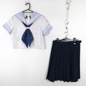 1円 セーラー服 スカート スカーフ 上下3点セット 夏物 白3本線 女子 学生服 神奈川横浜隼人高校 白 森英恵 制服 中古 ランクC EY1220