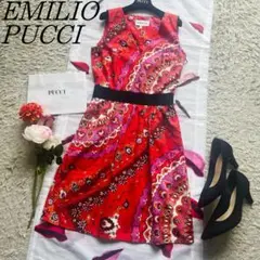 【美品】EMILIO PUCCI プッチ柄ワンピース 赤 膝丈 ノースリーブ