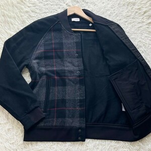 美品/3Lサイズ●MONCLER モンクレール 上質ウール100% スタジャン ジャケット ブルゾン レザーロゴ MAGLIA CARDIGAN チェック ブラック 黒