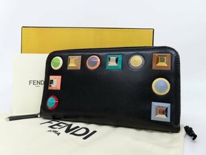 ◆超美品◆FENDI フェンディ◆レインボーマルチスタッズ◆カーフ レザー 本革◆ラウンドファスナー 長財布◆ブラック シルバー金具◆A6212