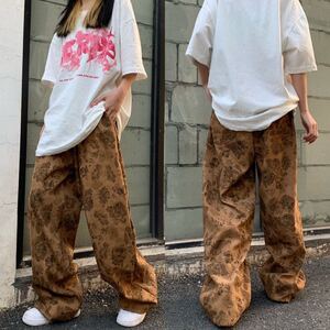 ワイドパンツ 花柄 レトロ調 イージーパンツ ボトムス ルーズパンツ パンツ メンズ レディース ワイドレッグ ユニセックス 茶色 ブラウン L