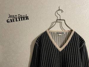 ◯ Jean Paul GAULTIER ピン ストライプ ダブル ニット / ジャンポール ゴルチエ セーター Vネック ブラック 黒 Mens #Sirchive