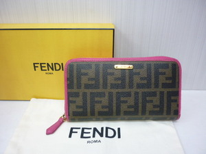 FENDI フェンディ ズッカ柄 ラウンドジップ 長財布 8M0299 GRP-159 ファスナー ブラウン ピンク　a