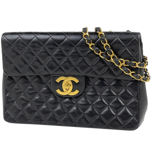 シャネル CHANEL デカ マトラッセ シングルフラップ チェーン ショルダーバッグ ココマーク Ｗチェーン レザー ブラック レディース 中古