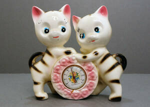 昭和レトロ　ファンシー　　陶器製　猫のカップル　貯金箱　温度計付き　