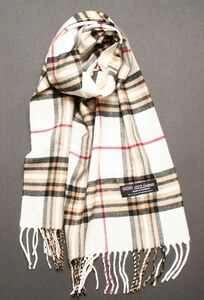 ＊新品＊スコットランド製 暖かカシミア100％おしゃれな白のチェック柄マフラー　男女兼用 Scottish Cashmere Scarf