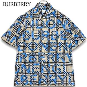 21SS★ BURBERRY バーバリー 半袖シャツ ノバチェック ボタンダウン 総ロゴ プリントロゴ ビッグロゴ 総柄 ボタンダウン ベージュ×ブルー