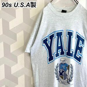 【1990年製】USA製 Lサイズ YALE大学 ビンテージ カレッジ Tシャツ 霜降りグレー シングルステッチ イエール ヴィンテージ