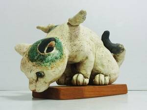 吉田一也 ◇ 猫 羽付き 天使 天からのぞく猫 全長23.5cm 陶器製 陶都窯 作家 直筆サイン ◇ 管46691