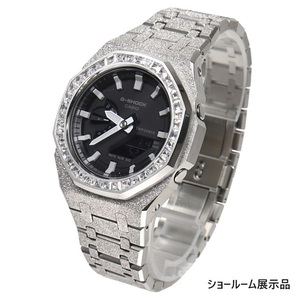 G-SHOCK GA2100 1a フロステッド シルバー カスタム ブラック文字盤 バゲッドカットCZダイヤベゼル カシオーク ステンレス製艶消しモデル