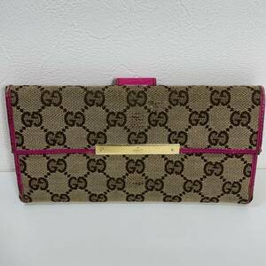 GUCCI グッチ 長財布 GGキャンバス ベージュ×ダークブラウン×ピンク USED品 241123 Wa （YM)