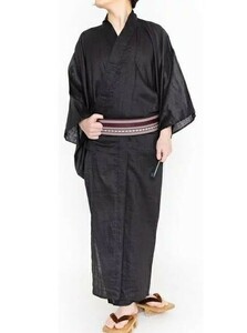 浴衣 男性用 本麻100％ ちぢみ浴衣 黒地 Lサイズ ゆかた単品 新品（株）安田屋 NO24911