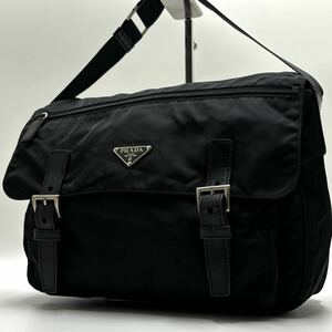 1円【入手困難品】PRADA プラダ メッセンジャーバッグ ショルダーバッグ テスートナイロン 三角ロゴプレート ベルト レザー 斜め掛け 黒