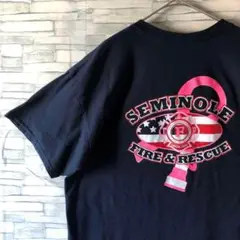 アメリカ古着 ギルダン　バックプリントTシャツ 星条旗 消防士　ネイビー　XL