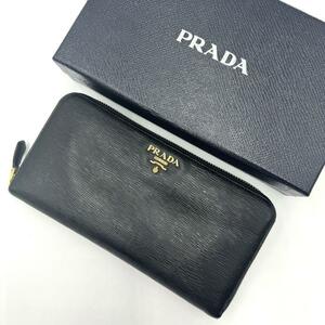 1円【美品】PRADA プラダ メンズ 長財布 ラウンドファスナー ジップ ロングウォレット レザー 本革 ブラック 黒 箱付き メンズ ビジネス